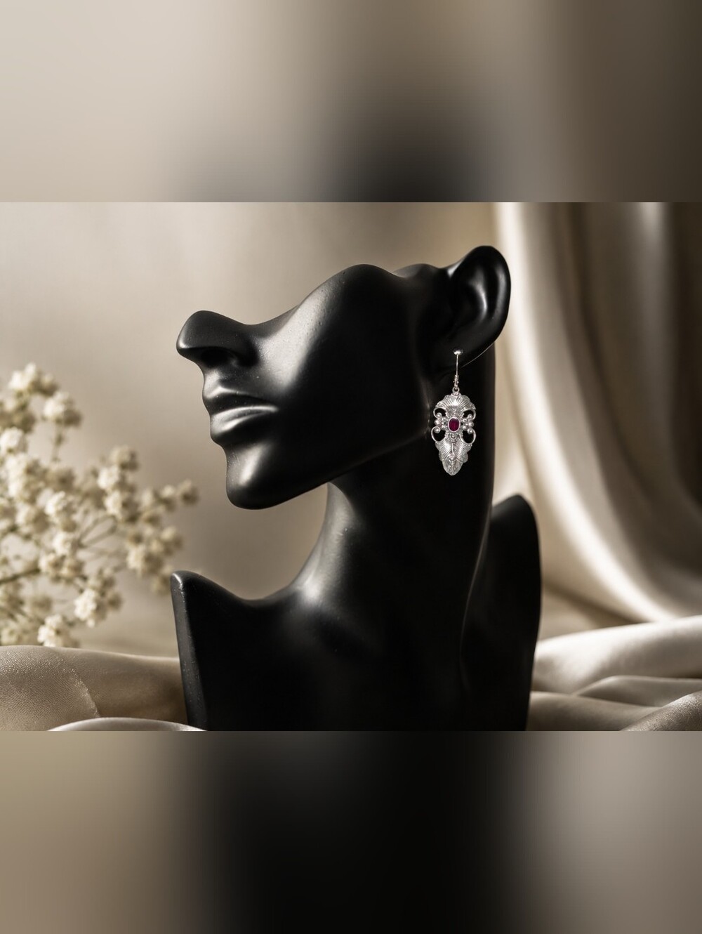 Vintage 925 Silver Garnet Drop Earrings Victorian Revival Floral Leaf C-Scroll - Picture 5 of 11